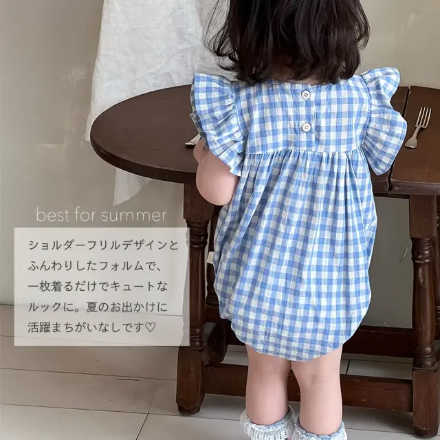 ベビー キッズ ロンパース ベビー服 キッズ服 子供服 チェック ギンガムチェック ショルダーフリル Pearls パールズ