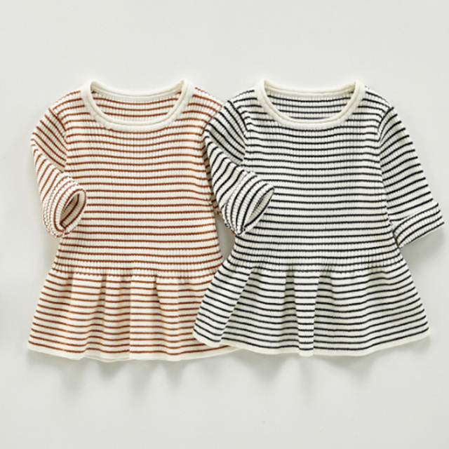 ベビー ベビー服 ボーダー リブ フレア コットン 暖かい 春秋冬 女の子