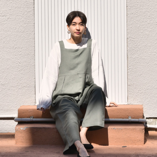 マタニティ通販パールズ アシンメトリーデザイン ワイドサロペット