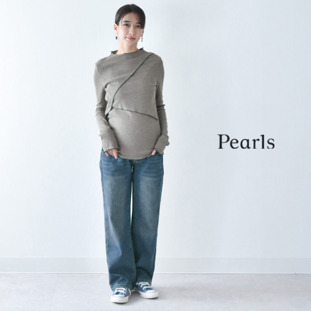 マタニティ パンツ 冬 裏ボア 暖か デニム ブラック ワイド ストレート テーパード あったか 防寒 暖かい パールズ Pearls