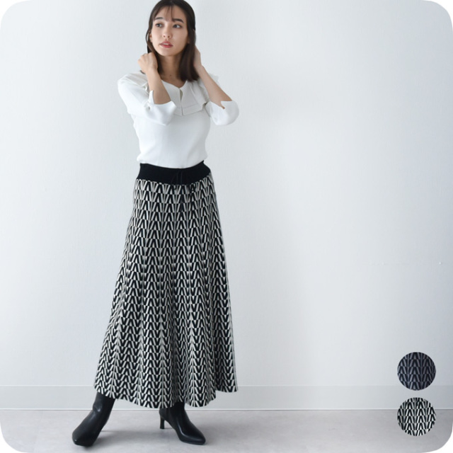 マタニティ スカート ニット ニットスカート 幾何学柄 フレア ロング マキシ 冬 秋冬 暖かい Pearls パールズ