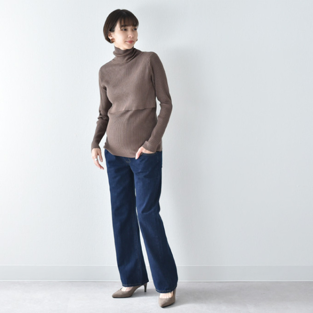 授乳服 マタニティ タートルネック トップス 冬 ニット リブ タートル 暖かい 授乳口 マタニティウェア Pearls パールズ