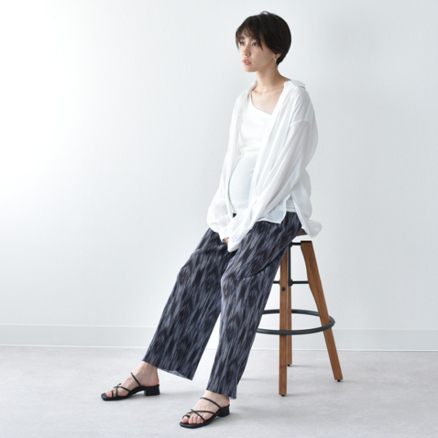 マタニティ パンツ リブ 夏 春 春夏 ワイド ストレート 柄パンツ Pearls パールズ