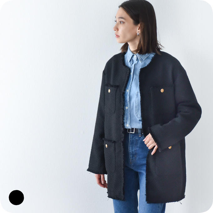 ツイード ジャケット ツイードジャケット アウター コート ママ 秋冬 冬 おしゃれ 黒 ブラック Pearls パールズ