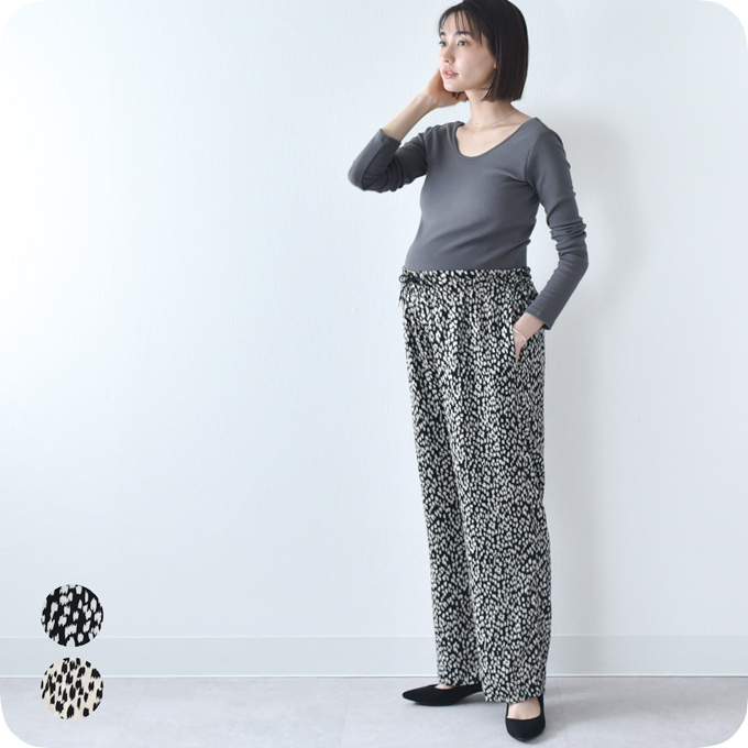 マタニティ ハイウエスト パンツ 産前産後 きれいめ レオパード柄 サテン アジャスター ウエスト調節 パールズ Pearls