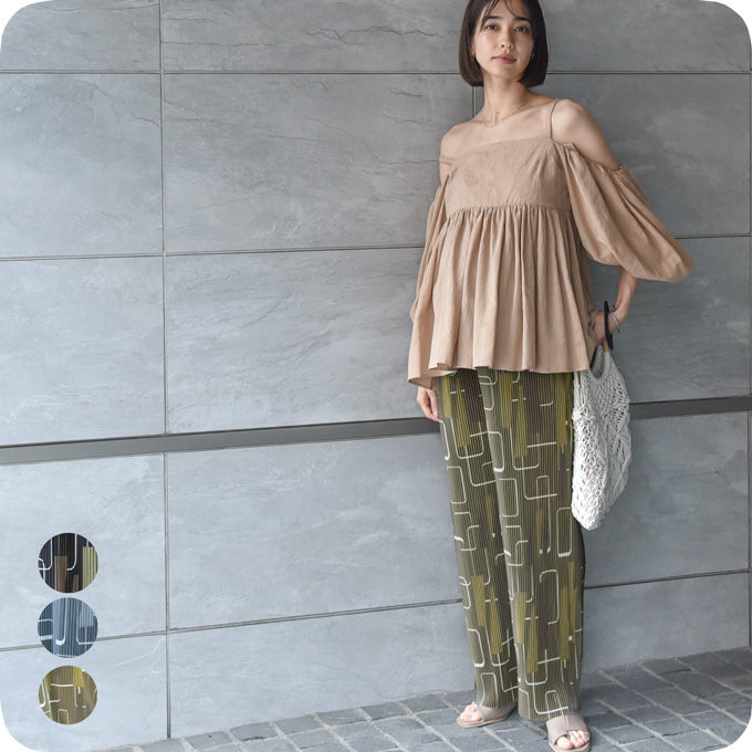 マタニティ パンツ リブ 夏 春 春夏 セルフカット ワイド ストレート プリント パールズ Pearls