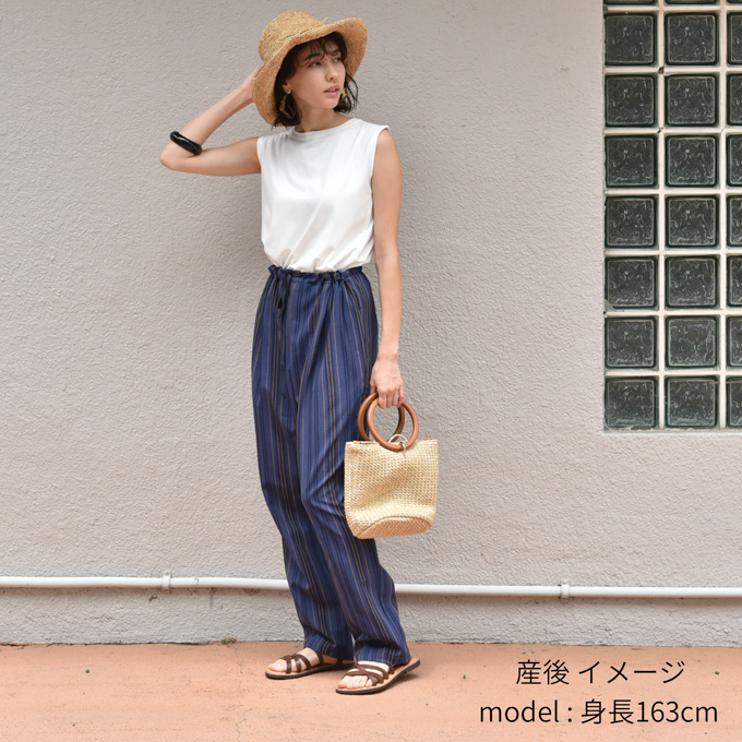 日本製 マタニティ パンツ 夏 春夏 ワイド 柄 ストライプ テーパード 麻 リネン Pearls パールズ