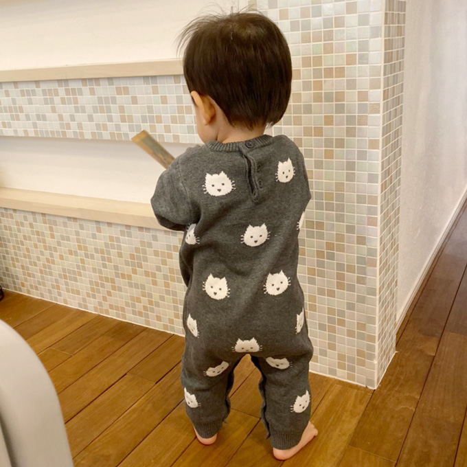 Pearls パールズ ベビー服 冬 猫柄 ネコ柄 ねこ柄 男の子 女の子 カバーオール 暖か あったか 綿 コットンニット