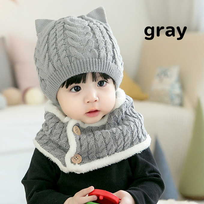 ベビー キッズ 帽子 冬 耳付き ニット帽 ネックウォーマー ケーブル編み Pearls パールズ