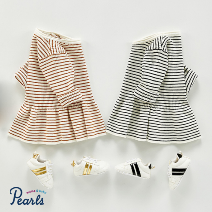 Pearls パールズ ベビー服 ボーダー リブ フレア コットン 暖かい 春秋冬 女の子 子ども 子供服 コットン 女 可愛い かわいい 66 73 80 90 100