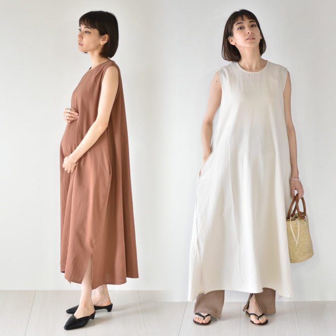マタニティ ワンピース 夏 マキシ ロング ノースリーブ ナチュラル ベージュ ブラウン パールズ Pearls