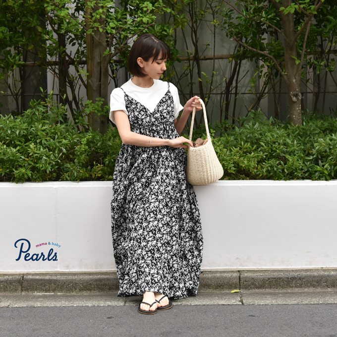 マタニティ ワンピース 夏 マキシ ロング キャミワンピ 花柄 黒 ブラック パールズ Pearls