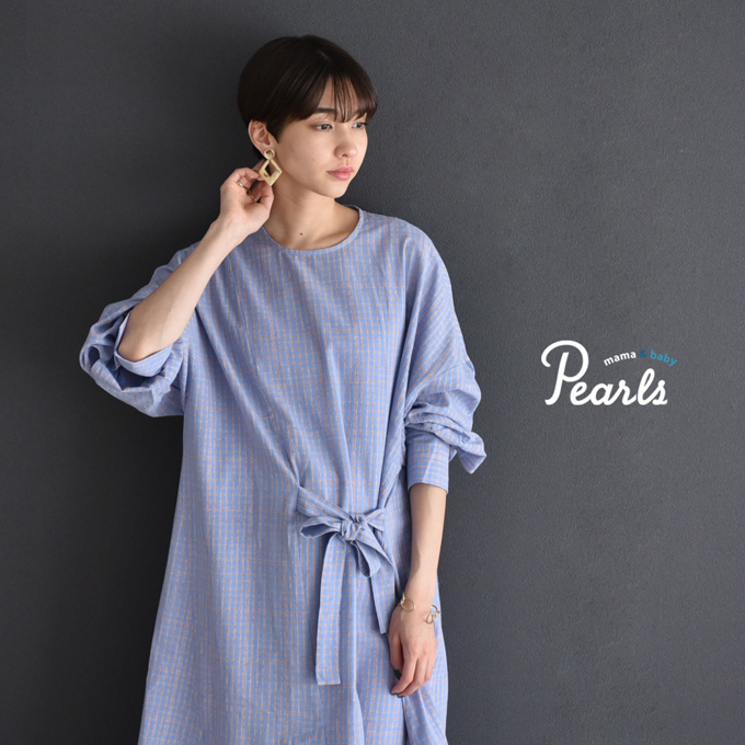 マタニティ シャツワンピース シャツ ワンピース ロング チェック リボン Pearls パールズ