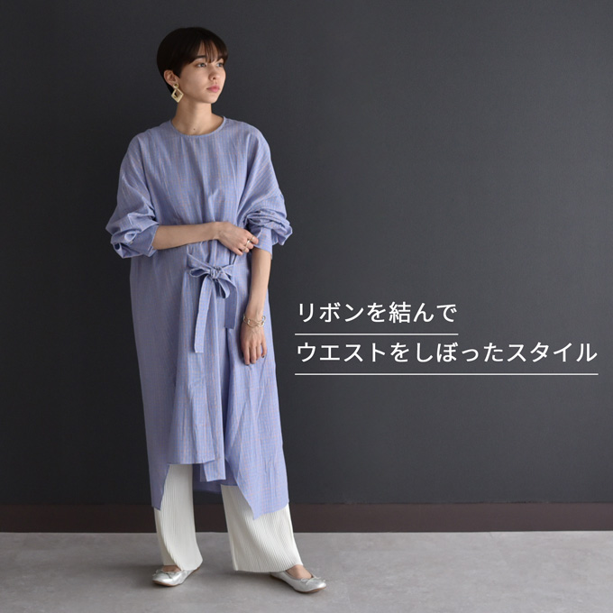 マタニティ シャツワンピース シャツ ワンピース ロング チェック リボン Pearls パールズ