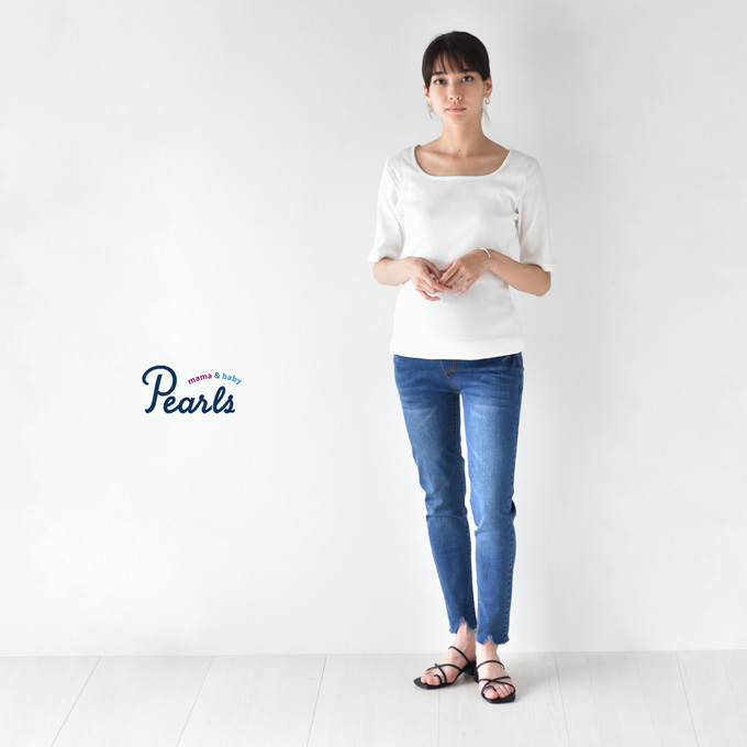 マタニティ通販パールズ ストレッチ カットオフスキニーデニム