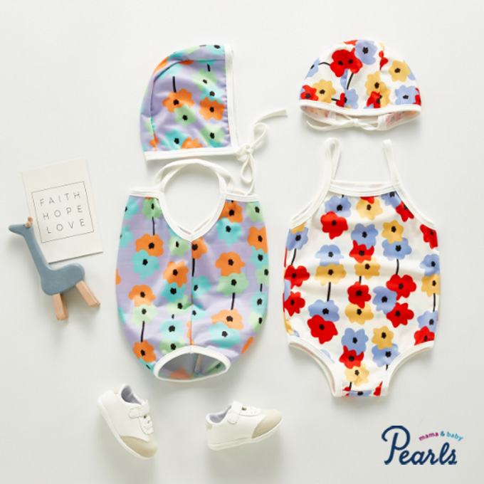 Pearls パールズ ベビー 水着 ベビー服 スイムウェア プール 夏 花柄 プリント ポップ 女の子 子ども 子供服 女 可愛い かわいい 66 73 80 90 100