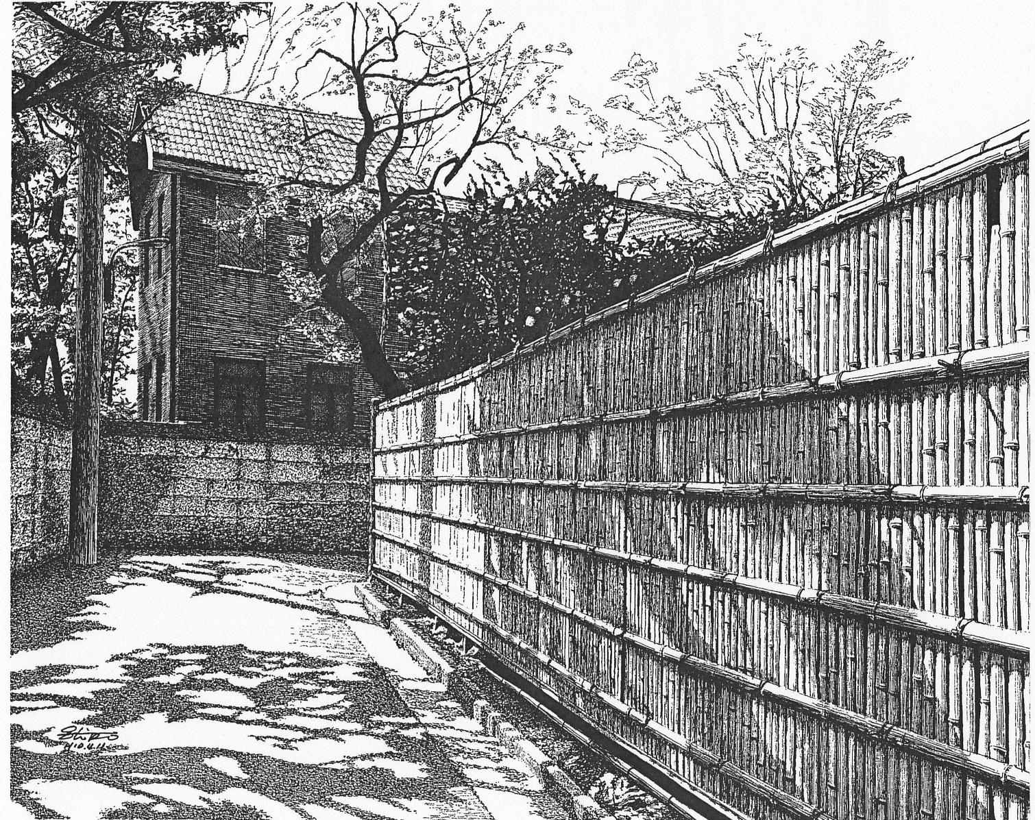 細密ぺん画アート【路地と竹垣】