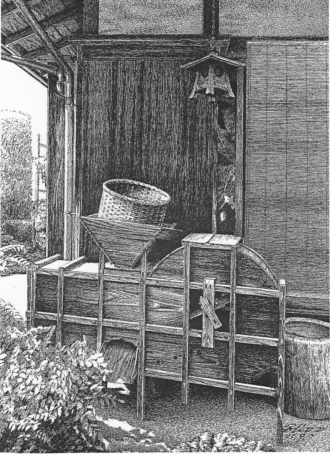 細密ぺん画アート【庭先の唐箕】