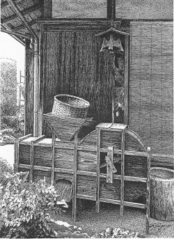 細密ぺん画アート【庭先の唐箕】