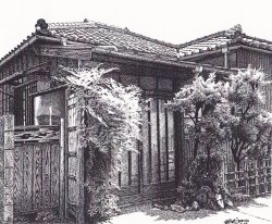 細密ぺん画アート【横町の仕舞屋）】