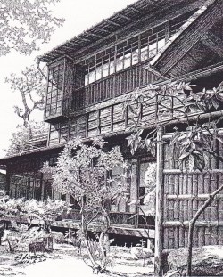 細密ぺん画アート【中庭と袖垣】