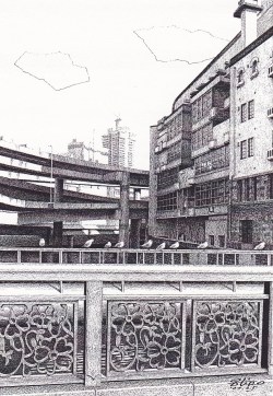 細密ぺん画アート【江戸橋の欄干】
