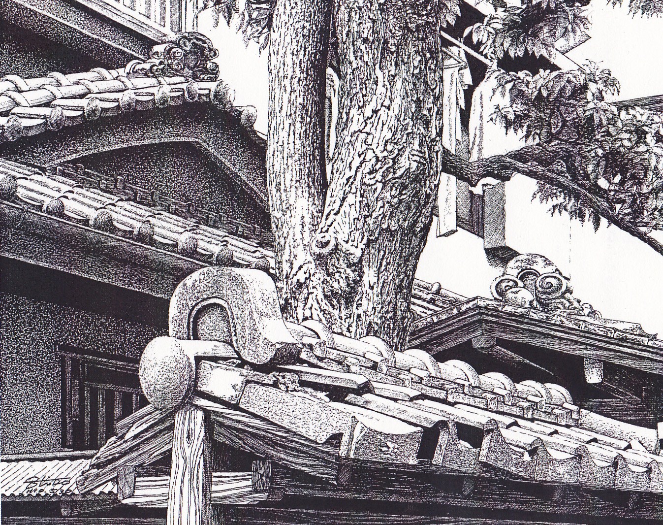 細密ぺん画アート【老木と瓦】