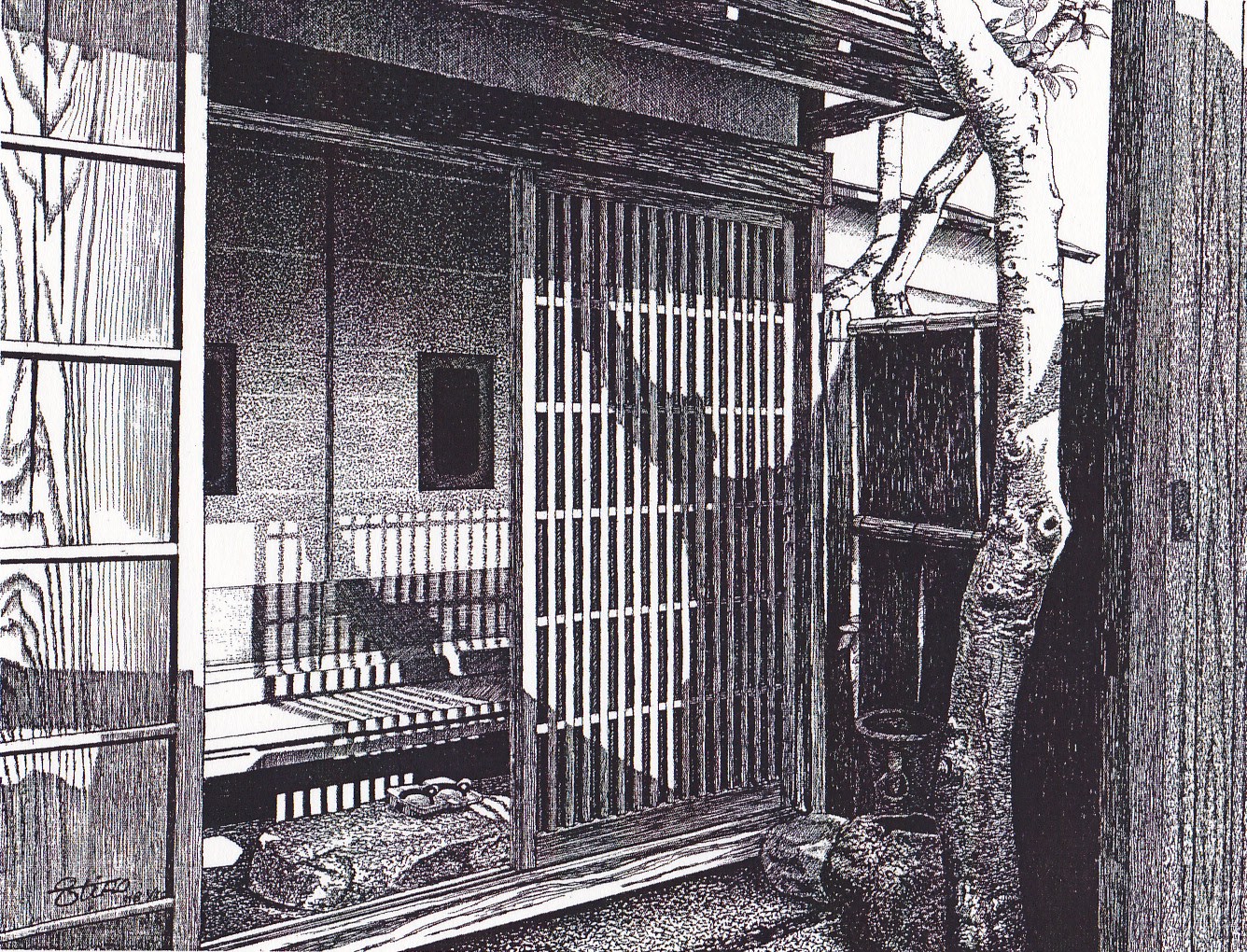 細密ぺん画アート【格子戸の玄関】