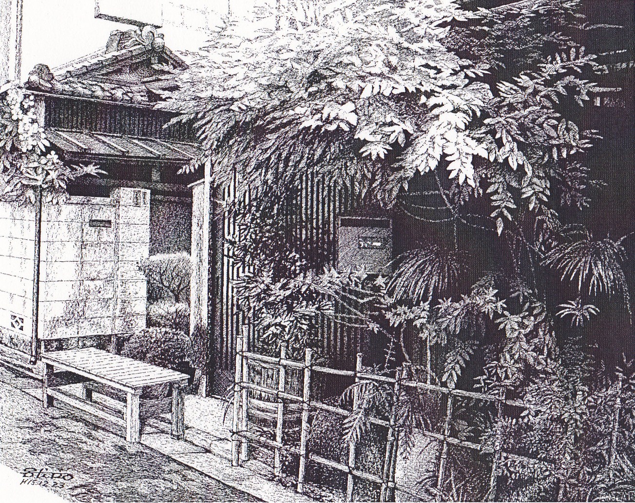 細密ぺん画アート【玄関先の藤棚】