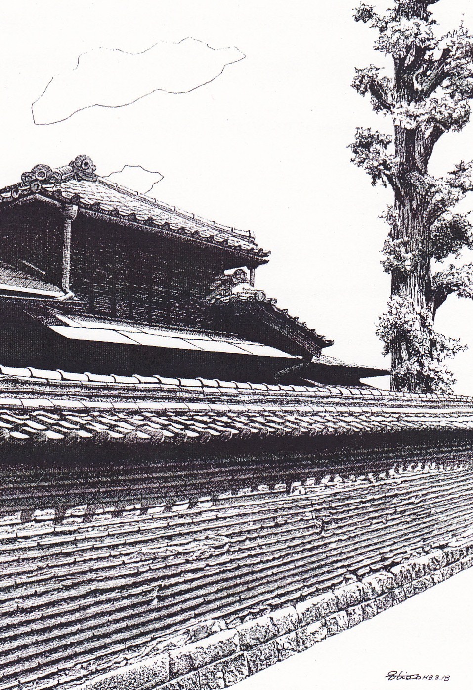 細密ぺん画アート【谷中観音寺の築地塀】