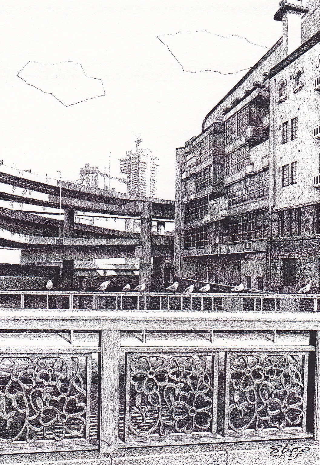 細密ぺん画アート【江戸橋の欄干】