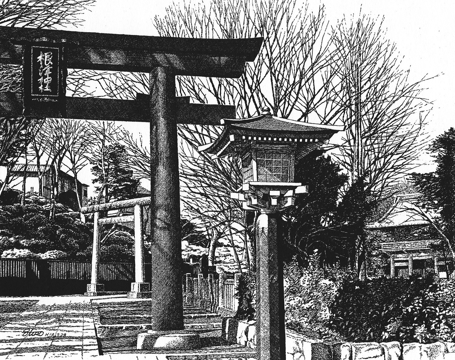 細密ぺん画アート【根津神社 表門】 細密ぺん画家、杉山八郎・浩一の