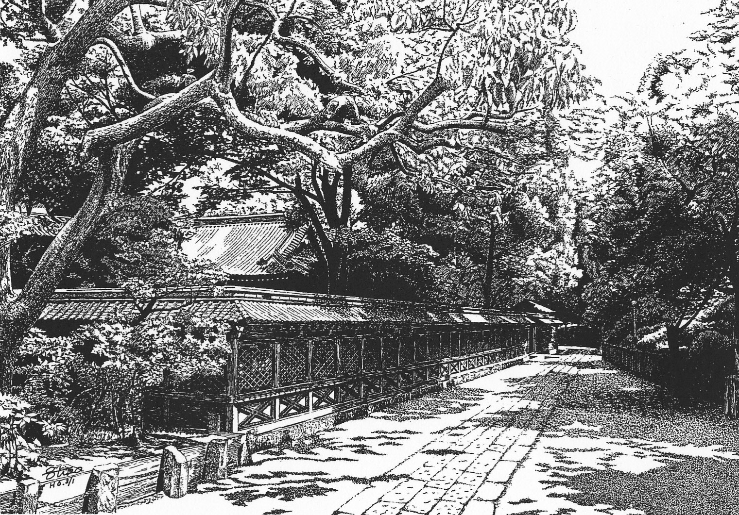 細密ぺん画アート【根津神社　透かし塀】