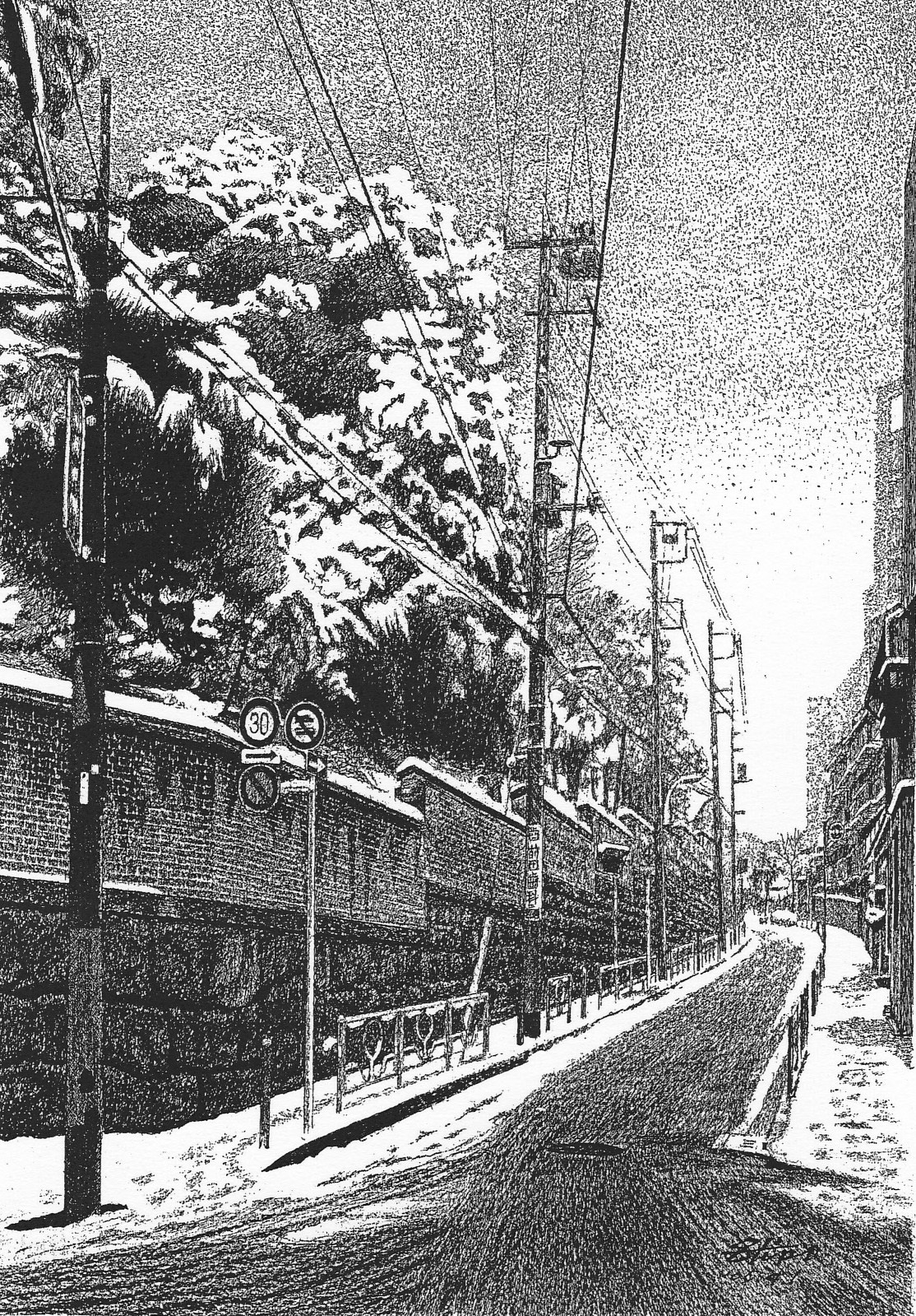 細密ぺん画アート【雪の無縁坂】