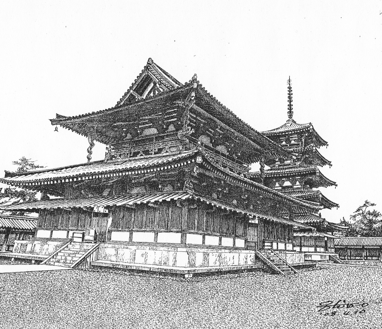 細密ぺん画アート【奈良の法隆寺】