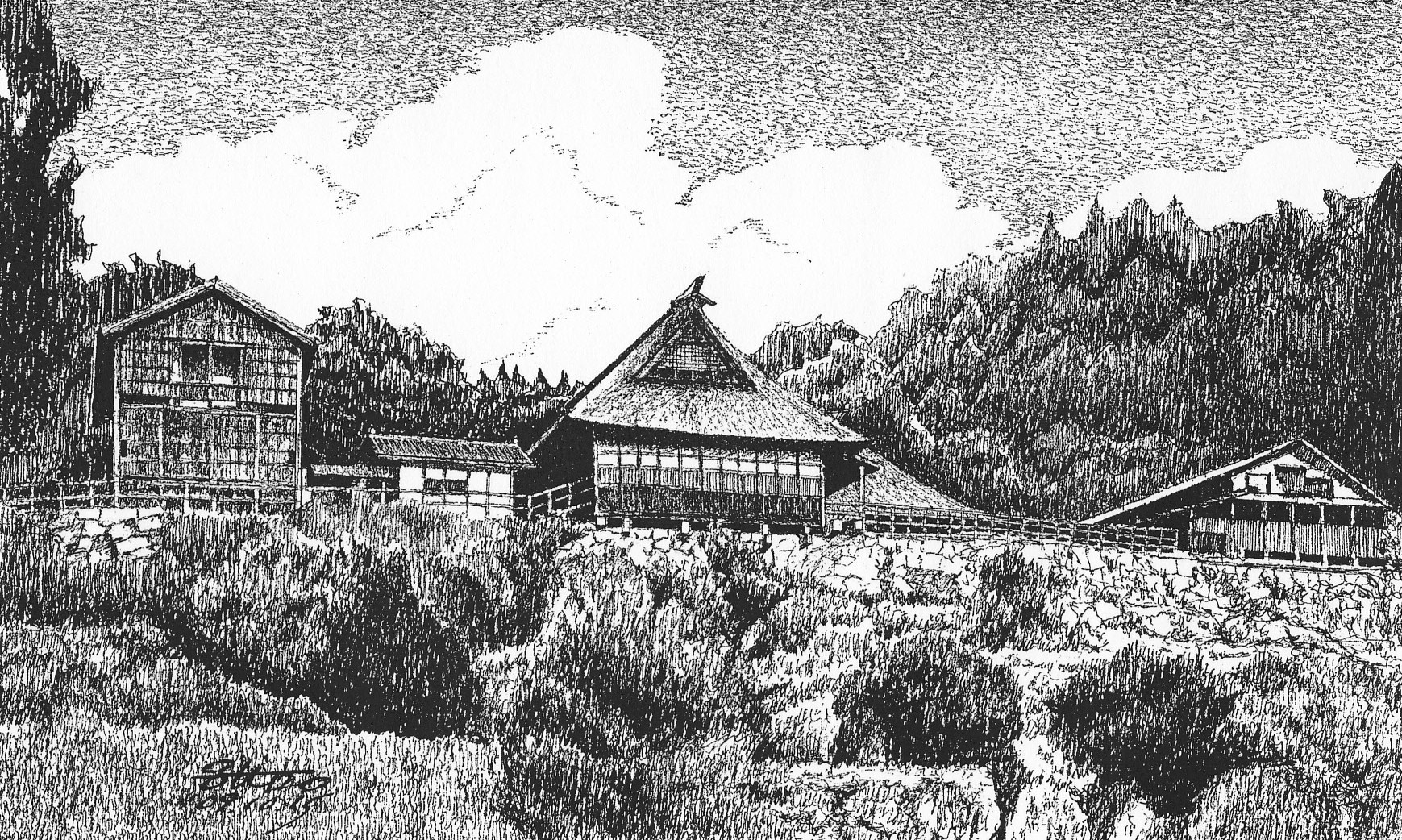 細密ぺん画アート【遠野・千葉家の曲り家】