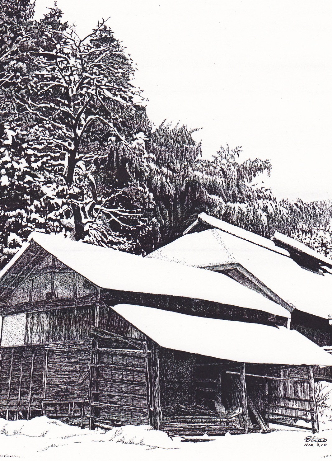 細密ぺん画アート【山間の積雪】