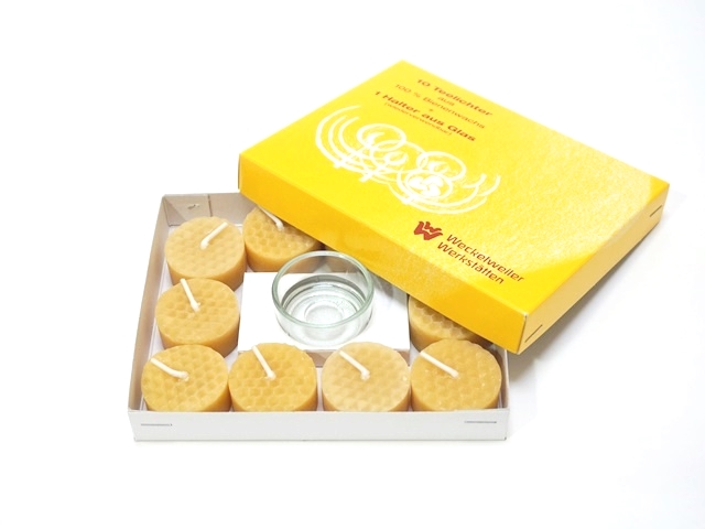 【109-N】ティーライト蜜蝋ロウソク10個セット（ガラス容器1個付き）/ミツロウ/みつろう