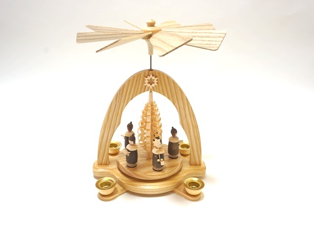 【1661】 Pyramide natur Kurrende mit Mutze und Spanbaum/クリスマスピラミッド・白木　キャップを被った聖歌隊と木