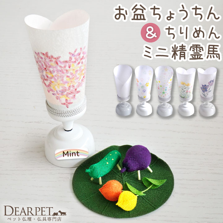 ペット お盆 プチ提灯 単品 1点 LED ライト & ちりめん ミニ 精霊馬 ほおずき 蓮の葉 お盆飾り セット ネームプレート付  pset 【送料無料】