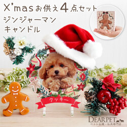 ペット供養 クリスマス ジンジャーマン クッキー キャンドル & 写真 名入れ フォト スタンド & ポインセチア & サンタさんの帽子 セット 【送料無料】