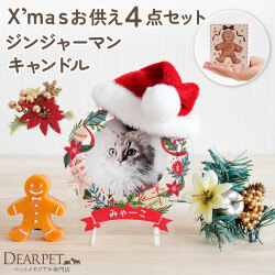 ペット供養 クリスマス ジンジャーマン クッキー キャンドル & 写真 名入れ フォト スタンド & ポインセチア & サンタさんの帽子 セット 