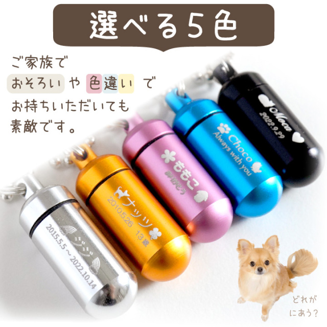 2行刻印 ペット 遺骨カプセル SSサイズ キーホルダー 選べる巾着セット
