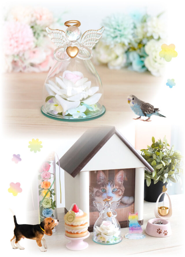 ペット お悔やみ 虹の お名前 スタンド & 天使 お花 ガラス オブジェ