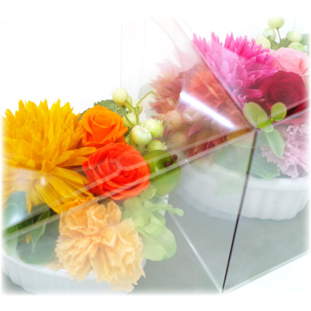 ペット お悔やみ プリザーブドフラワー ハート 器 オレンジ ピンク 虹の橋カード付