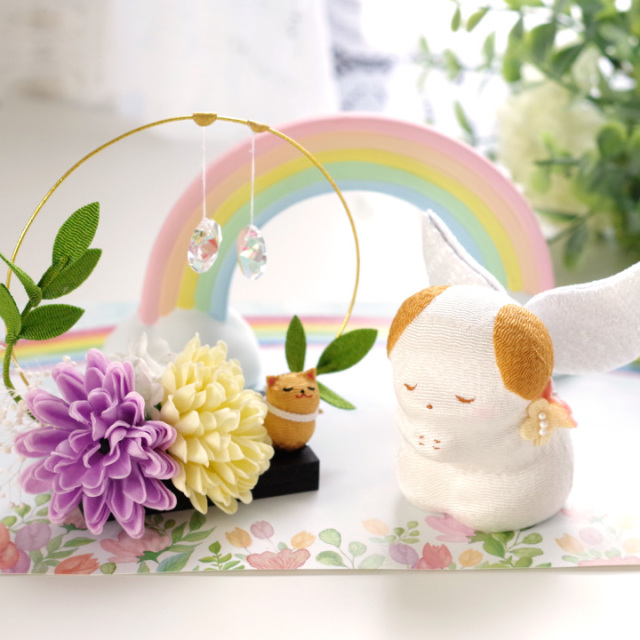 ペット仏具 お祈り天使 & きらきら ソープフラワー & 虹の橋 オブジェ
