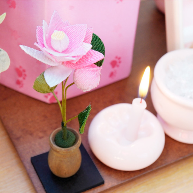 ペット用 ちりめん 蓮の花 お飾り オブジェ 置物 ミニ 小さい 国産