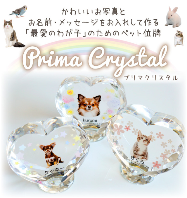 ペット 位牌 プリマクリスタル 写真 名前 年月日 メッセージ ハート型 虹の橋 星 花 クローバー