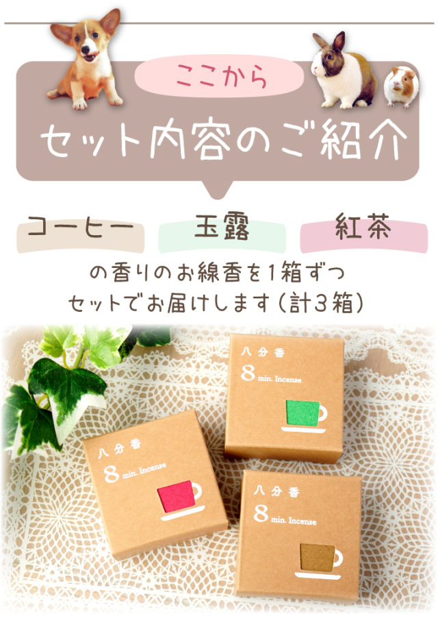 ペット 八分香 約8分燃焼 ティータイムの香り コーヒー 紅茶 玉露 短い