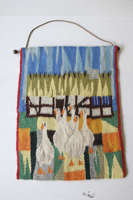 北欧織物/フレミッシュ織/つづれ織り/田舎のお家とガチョウさん